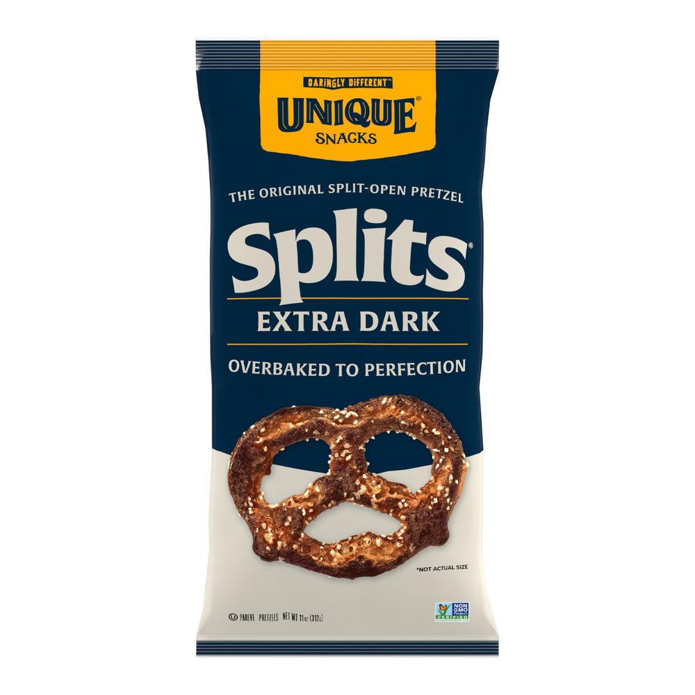 Unique Snacks Extra Dark Splits Pretzels exhibit bold charred flavor for a savory snack.