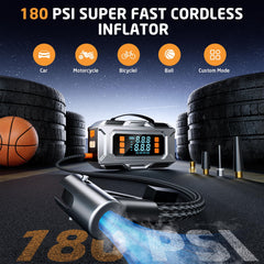 Unleivpe air compressor inflating tire with auto-stop for target pressure