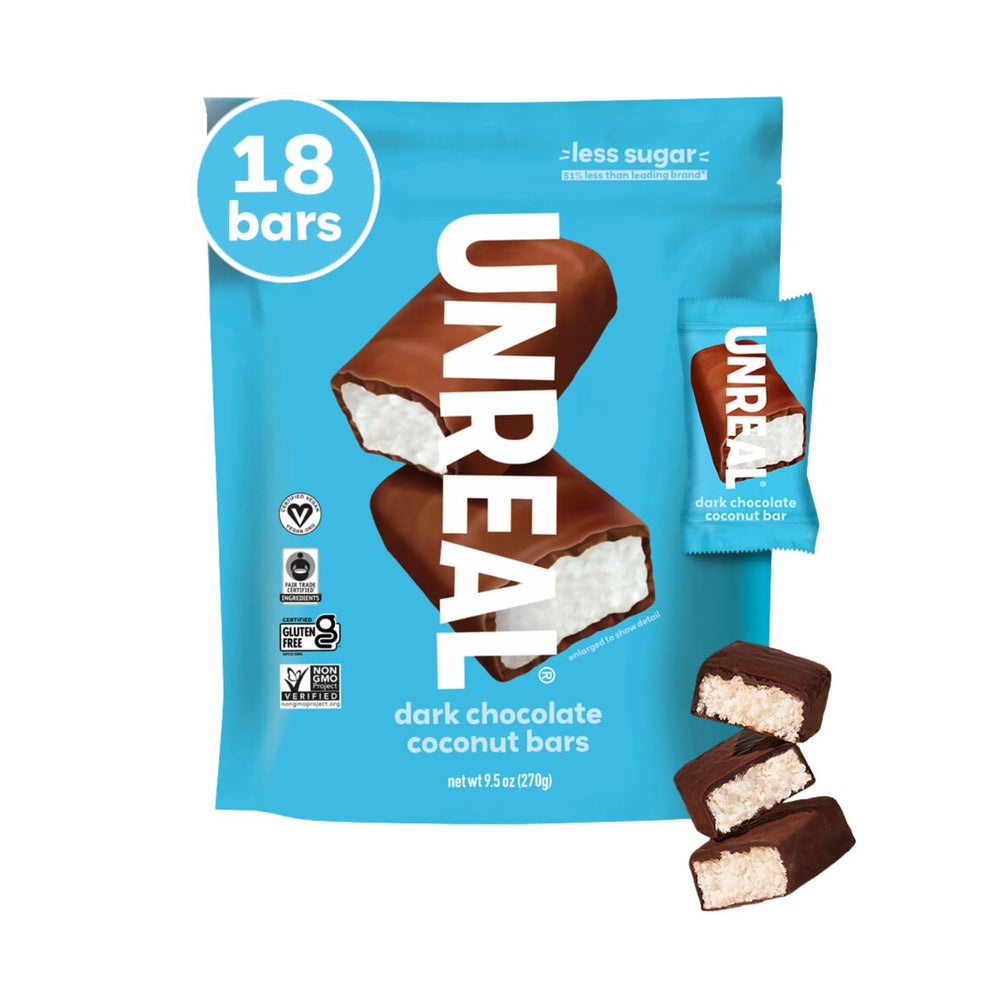 UNREAL dark chocolate coconut bars value bag—perfect for on-the-go snacking.