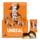 UNREAL dark chocolate peanut caramel nougat bars box, ready for snacks and lunch boxes.