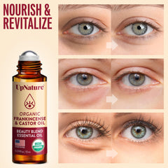 UpNature Beauty castor oil roll-on under-eye area for gentle nourishment.