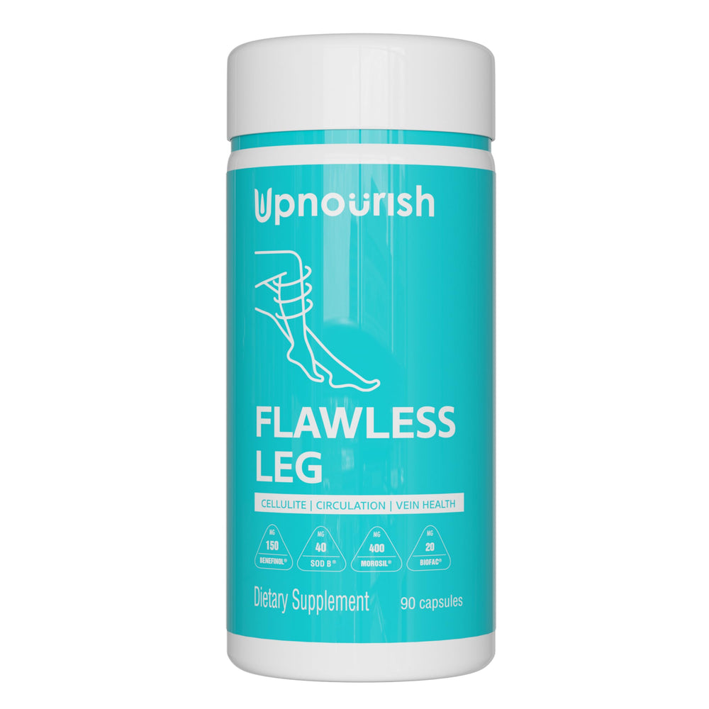 UpNourish cellulite bottle pour showing product ready for daily leg care