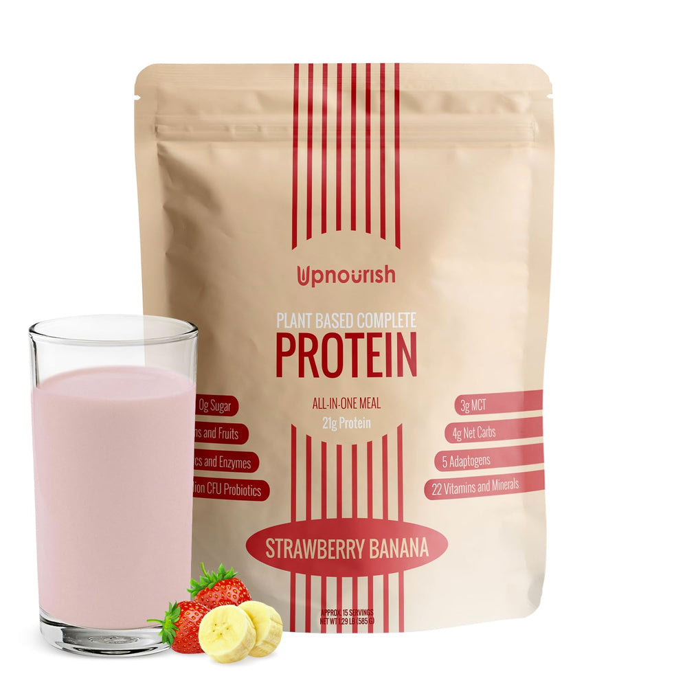 UpNourish Strawberry Banana vegan protein powder jar, showcasing the 54-superfoods blend.