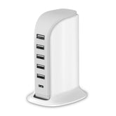 Upoy charging station front view with six ports for multiple devices.