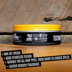 UPPERCUT DELUXE Texture Cream closeup label with subtle masculine Leather Shadow fragrance.