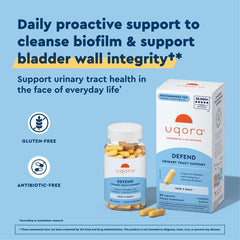 Uqora Defend bottle cap closeup showing easy daily dosing for urinary wellness.