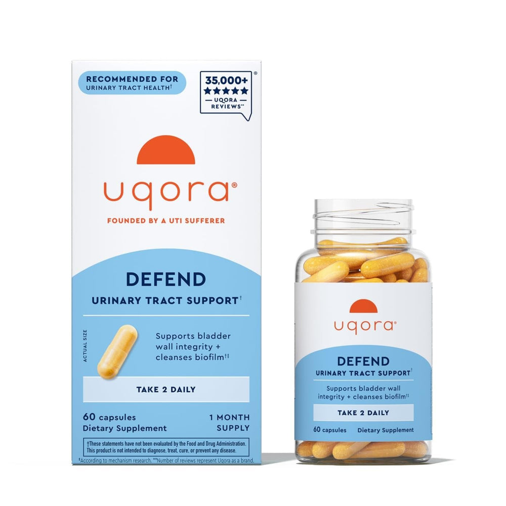 Uqora Defend bottle front view supporting daily bladder health with gluten-free formula.