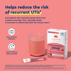 Uqora Flush Advanced+ with D‑Mannose powder in a glass supporting urinary health.