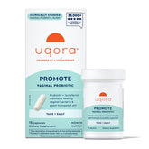 Uqora Promote bottle label displaying key probiotic ingredients for vaginal health support.
