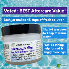 Urban ReLeaf Piercing Relief sea salt solution used in a gentle soak for irritated piercings.