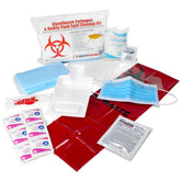 Urgent First Aid Bodily Fluid Cleanup Pack box with PPE ready for BBP spill containment