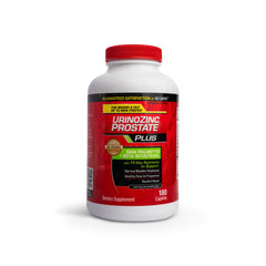 Urinozinc Plus bottle label highlights ingredients for prostate support.
