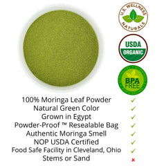 Organic moringa powder in resealable bag for freshness.