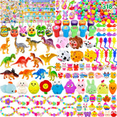 uscan Easter eggs with toys inside arranged for a kid-friendly egg hunt