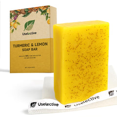 Uselective Lemon & Turmeric Glow Soap Bar, wrapped, offers gentle cleansing and hydration.