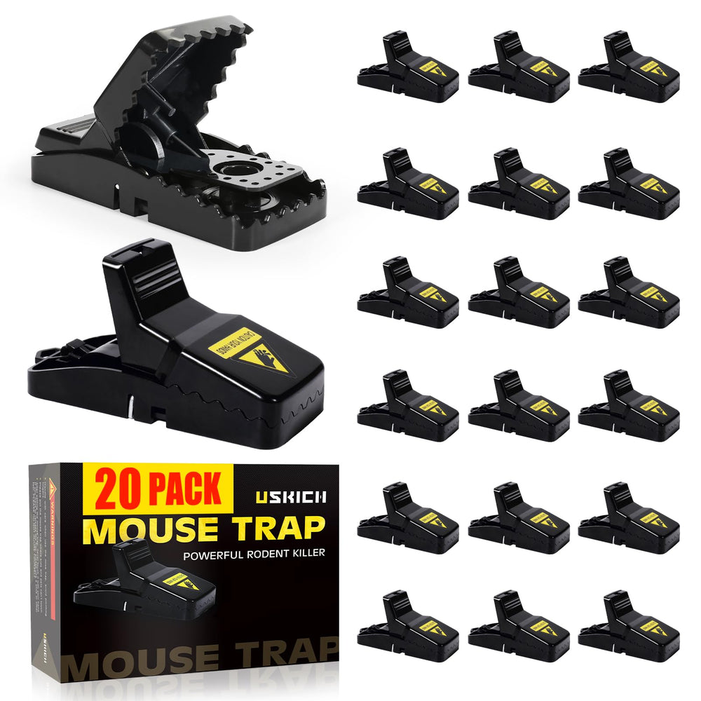 USKICH 20-pack indoor mouse traps, reusable and durable for pest control.