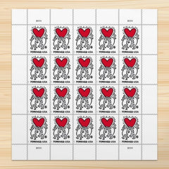 USPS Love 2025 stamp sheet featuring Keith Haring heart drawing for personal mail.