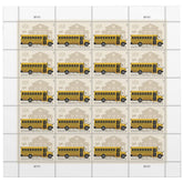 USPS School Bus Additional-Ounce stamps sheet featuring a cheerful yellow bus design for 1 oz mail