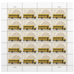 USPS School Bus Additional-Ounce stamps sheet featuring a cheerful yellow bus design for 1 oz mail