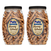 Utz braided honey wheat pretzel twists close-up, crisp snack for munching.