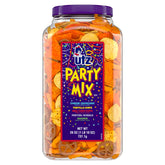 Utz Party Mix Barrel front view showing a large resealable container for easy snacking