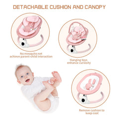 Two plush toys and book stimulate senses during gentle rocking.