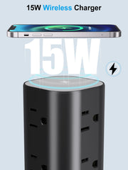 UWIWUTEI Power Strip Tower flat plug design sitting flush against wall.