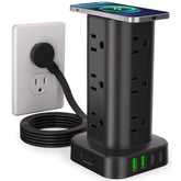 UWIWUTEI Power Strip Tower with Wireless Charger on a clean desk for organized charging.