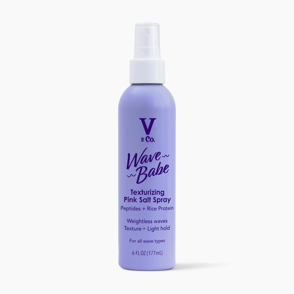 V&Co Wave Babe pink salt spray bottle for beachy, touchable waves.
