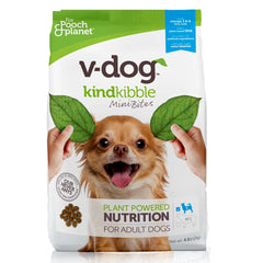 V-dog vegan mini kibble bag front for small dogs, highlighting plant-based nutrition.