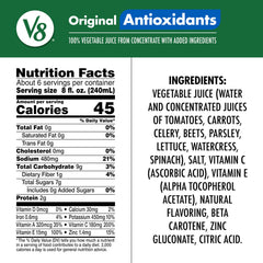 V8 Antioxidants Original ingredients show tomato and seven vegetables, supports daily veggie intake