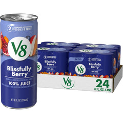 V8 Blissfully Berry can front view, 8 oz serving for breakfast or snack.