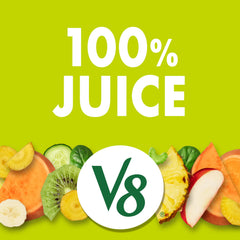 V8 Deliciously Green with cucumber, celery, and spinach highlighting fresh veggie-forward flavor