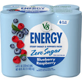 V8 Energy Blueberry Raspberry can close-up showing flavor and caffeine boost.