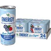 V8 Energy Blueberry Raspberry can front with bold branding and zero sugar appeal