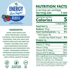 V8 Energy Blueberry Raspberry can side panel highlighting caffeine and B vitamins