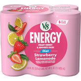 V8 Energy Diet Strawberry Lemonade can front with vibrant flavor and caffeine boost