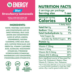 V8 Energy Diet Strawberry Lemonade can side view highlighting nutrition and no added sugar