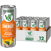 V8 +Energy orange pineapple can front view showing bold citrus flavor and natural caffeine boost.