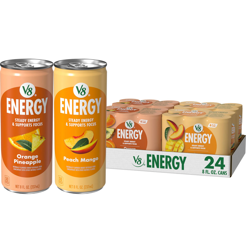V8 Energy Orange Pineapple can, refreshing afternoon boost with 80 mg caffeine