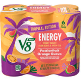 V8 +ENERGY passionfruit orange guava can front shows tropical flavor and caffeine boost