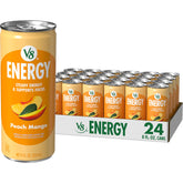 V8 Energy Peach Mango can front view, highlighting plant-based caffeine lift.