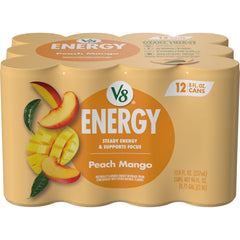 V8 Energy Peach Mango can front view showing portable energy for busy days
