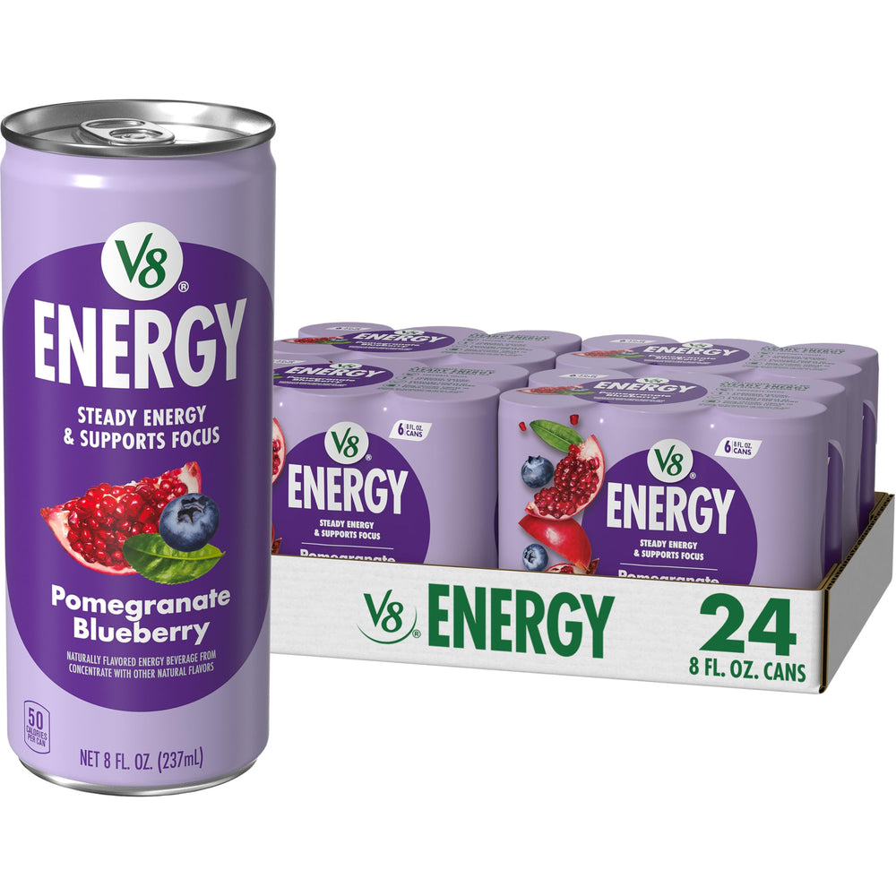 V8 Energy Pomegranate Blueberry can front with bold flavor and caffeine boost.
