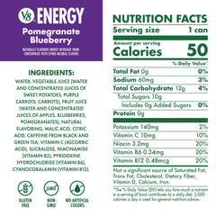 V8 Energy Pomegranate Blueberry can side angle highlighting a 24-pack option.
