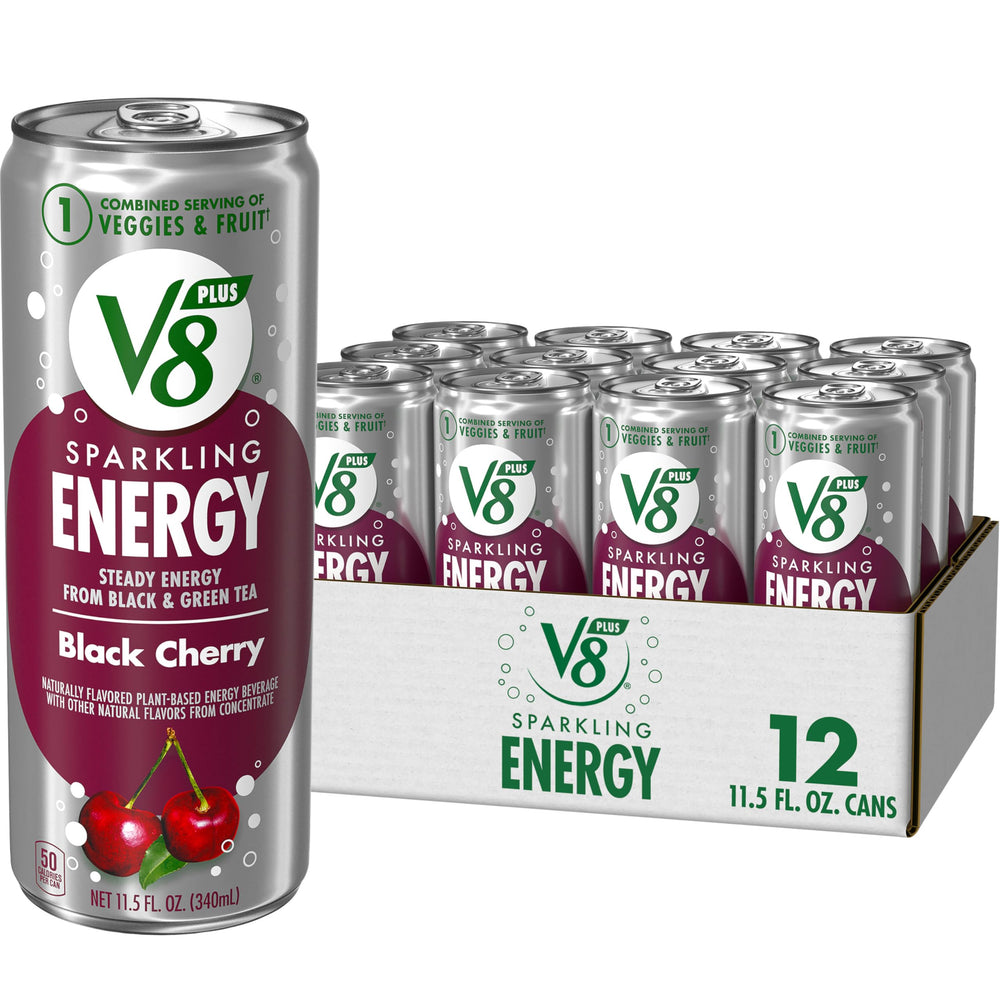 V8 +Energy Sparkling Black Cherry can front view highlights bold flavor and plant-powered energy.