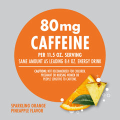 V8 +Energy Sparkling Orange Pineapple glass with can conveys ready-to-drink convenience