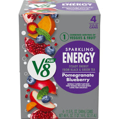 V8 +Energy sparkling can in front view, pomegranate blueberry flavor highlights plant-powered energy.