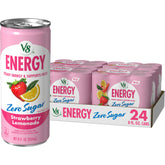 V8 Energy Zero Sugar Strawberry Lemonade can front view showing the flavor and design, ready to energize your day.