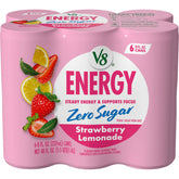 V8 Energy Zero Sugar Strawberry Lemonade can front view showing a refreshing caffeine boost